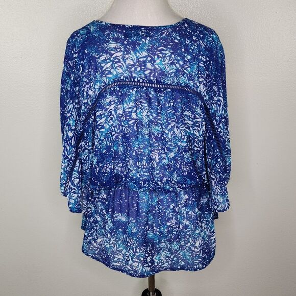 a.n.a Blue Tropical Print Chiffon Semi Sheer Kimono Sleeve Blouse Size XL - Picture 8 of 13